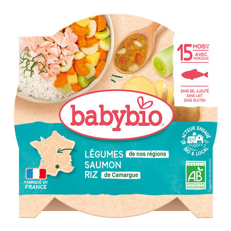 Piure Bio Meniu din legume, orez si peste somon, +15luni, 260g, BabyBio