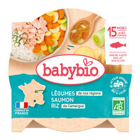 Piure Bio Meniu din legume, orez si peste somon, +15luni, 260g, BabyBio