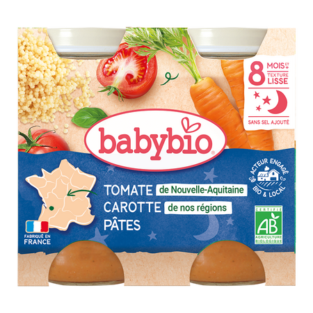 Piure Bio din morcovi, paste si rosii, +8luni, 2X200g, BabyBio