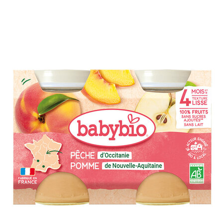 Piure Bio cu piersici si mere, +4 luni, 2x 130g, BabyBio