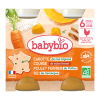 Piure Bio din pui morcov, orez si dovleac, +6luni, 2X200g, BabyBio