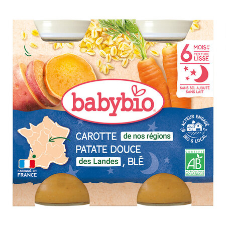 Piure Bio din morcovi, cartofi dulci si grau, +6luni, 2X200g, BabyBio