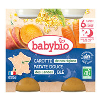 Piure Bio din morcovi, cartofi dulci si grau, +6luni, 2X200g, BabyBio