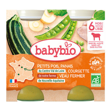 Piure bio din mazare, dovlecel si vitel, +6 luni, 2x200g, BabyBio