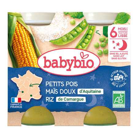 Piure Bio din mazare, porumb dulce si orez, +6 luni, 2x 200g, BabyBio