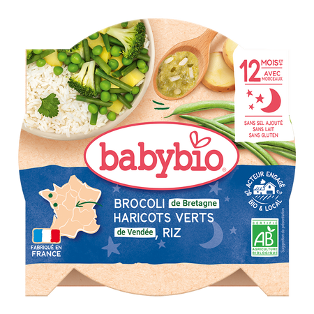 Piure Meniu Bio din brocoli, fasole verde si orez, +12 luni, 230 g, BabyBio