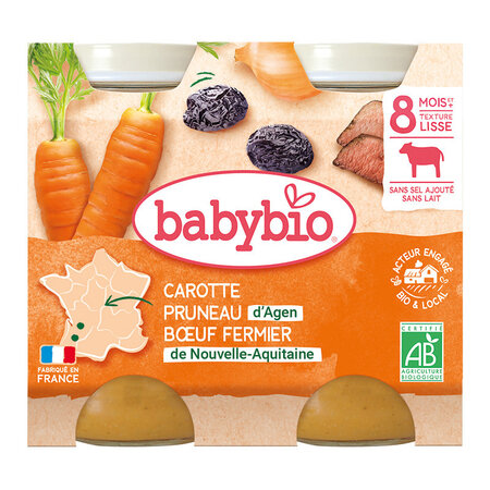 Piure Bio din carne de vacuta de ferma, morcovi si prune uscate, +8luni, 2X200g, BabyBio