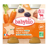 Piure Bio din carne de vacuta de ferma, morcovi si prune uscate, +8luni, 2X200g, BabyBio