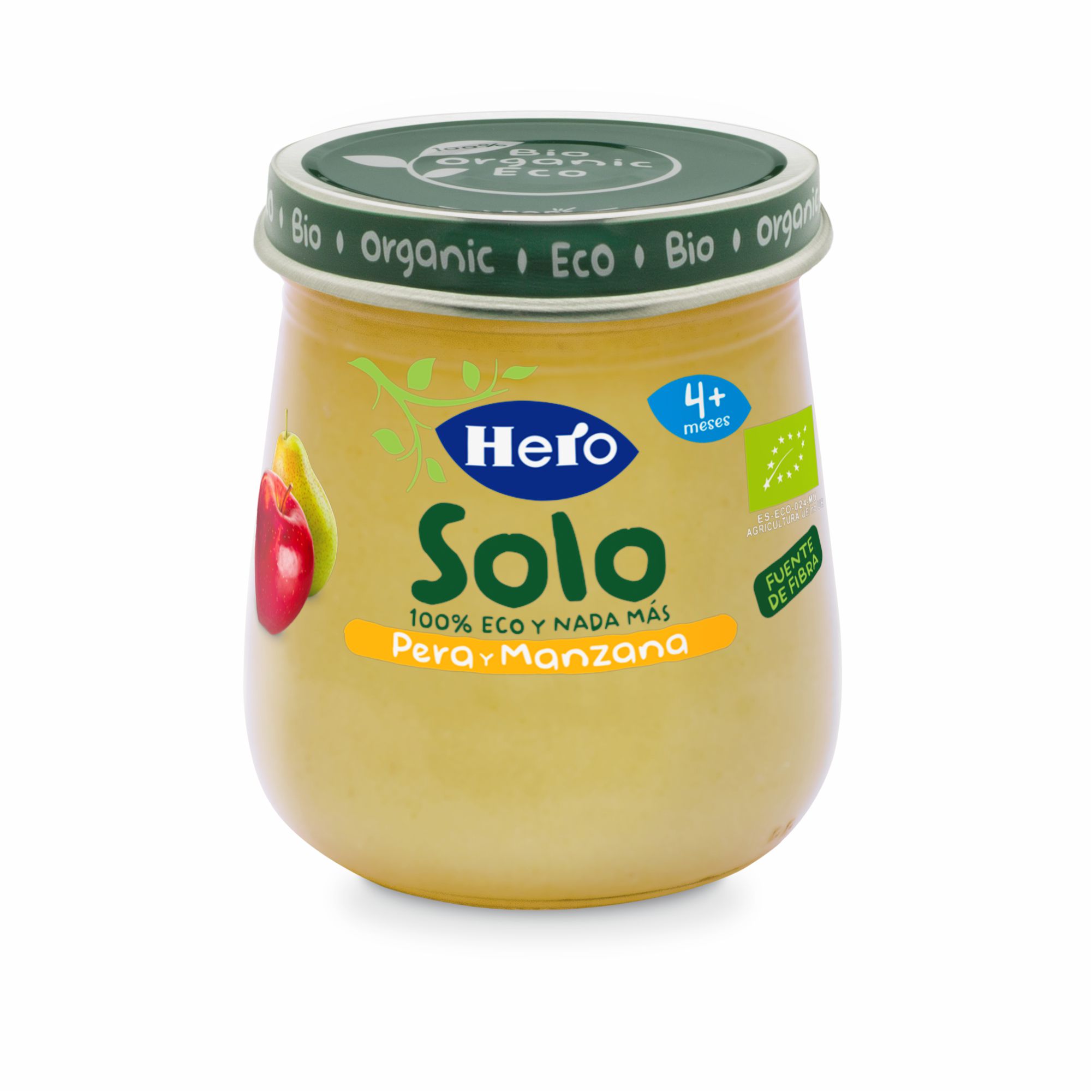 Piure Bio de pere si mere Solo, +4 luni, 120 g, Hero Baby