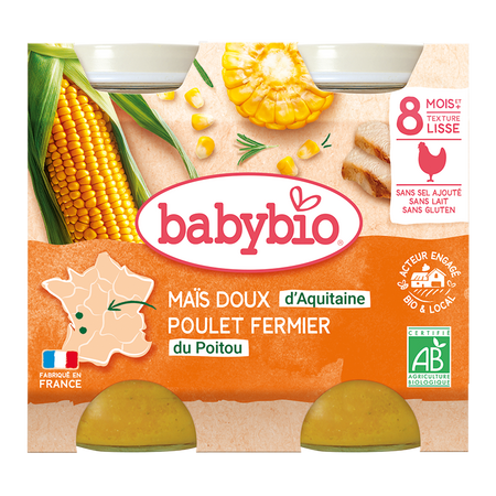Piure Bio din porumb dulce si carne de pui de ferma, +8luni, 2X200g, BabyBio