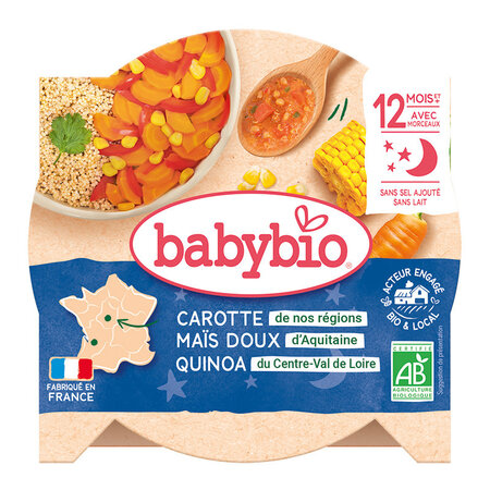 Piure Bio Meniu din morcov, porumb dulce si quinoa, +8 luni, 230 g, BabyBio