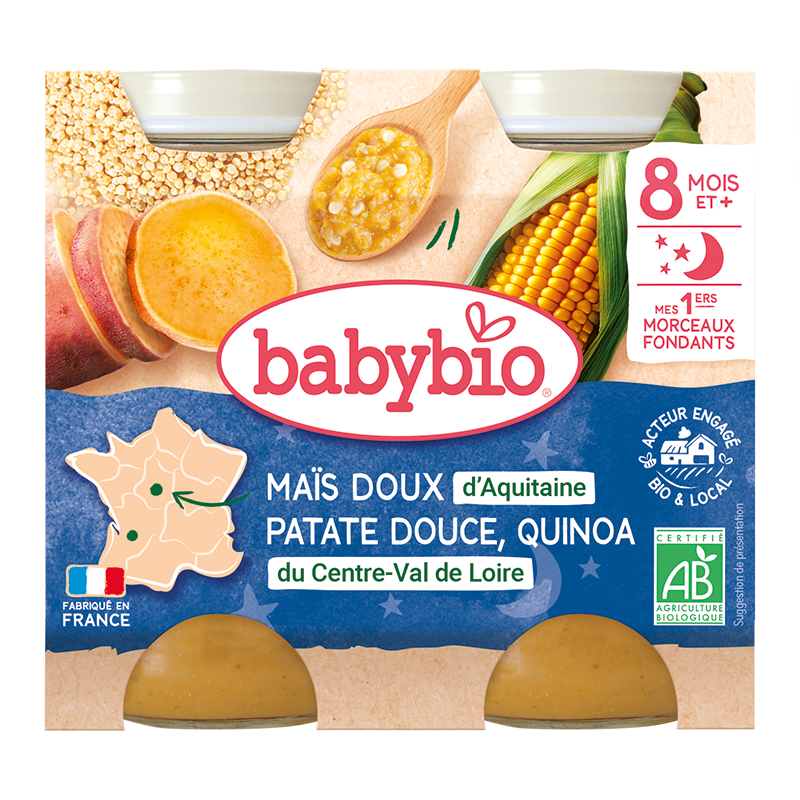 Piure Bio Meniu din morcov, porumb dulce si quinoa, +8 luni, 230 g, BabyBio