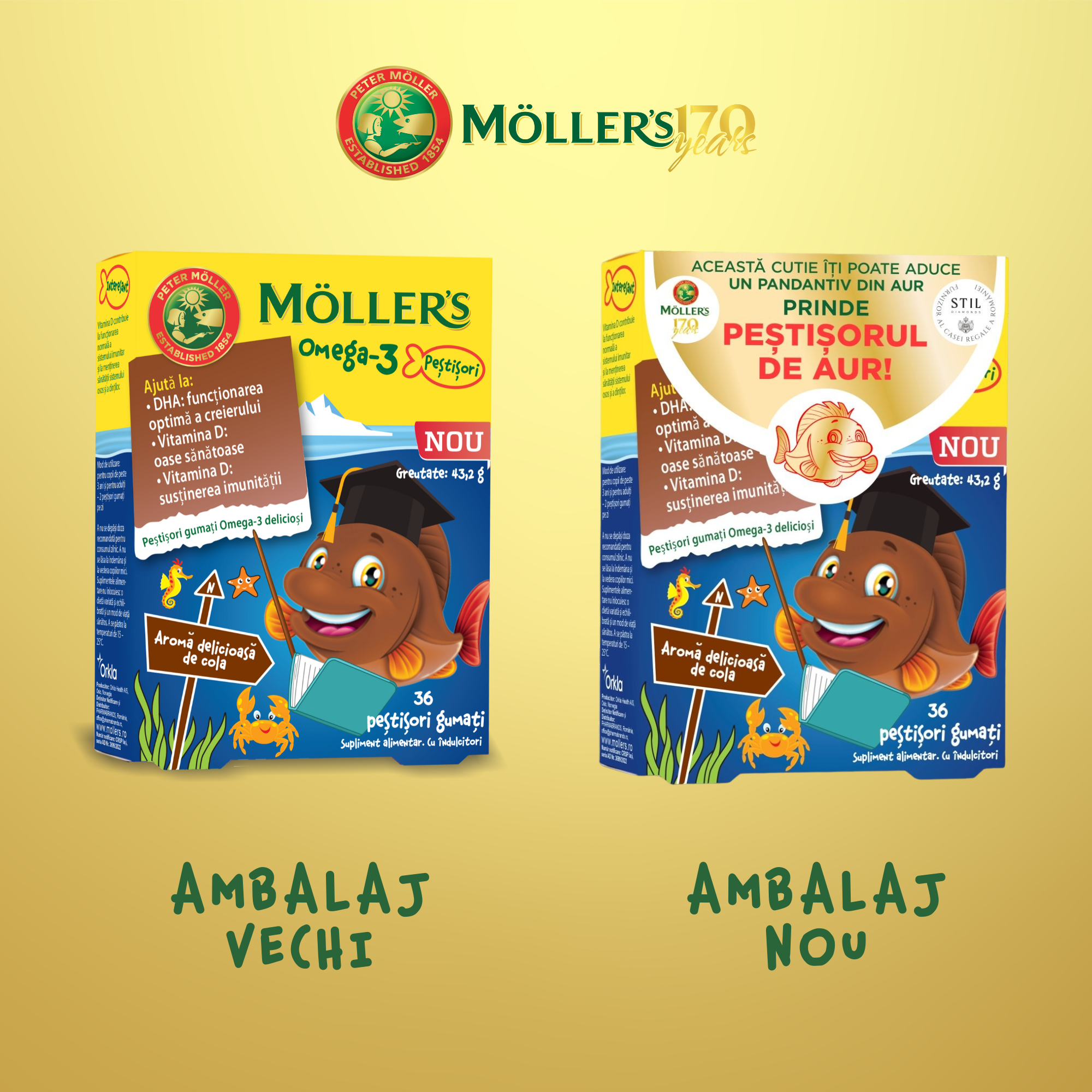Pestisori gumati cu aroma cola si Omega 3, +3 ani, 36 jeleuri, Moller's