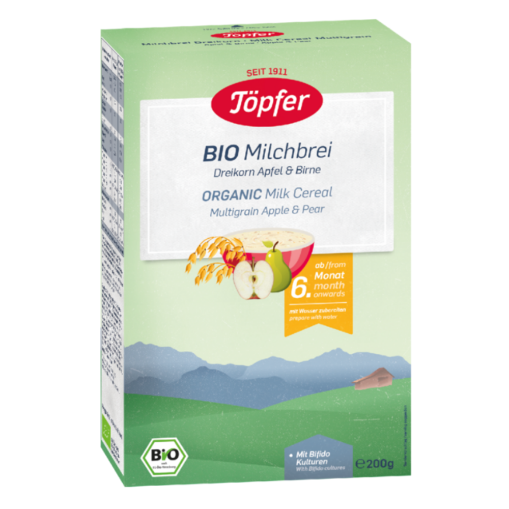 MultiCereale BIO cu lapte, mere si pere, +6 luni, 200 gr, Topfer