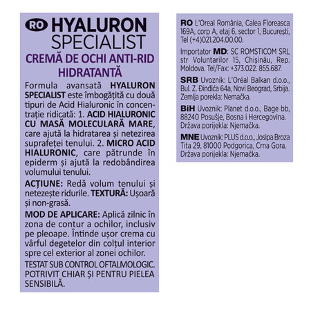 Crema de ochi antirid hidratanta Hyaluron Specialist, 15 ml, Loreal 542725