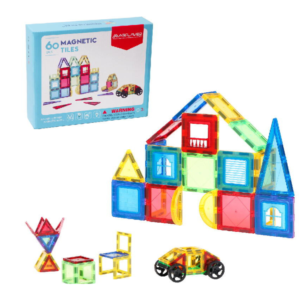 Set de constructie magnetic 3D, 3 ani+, 60 piese, Magplayer