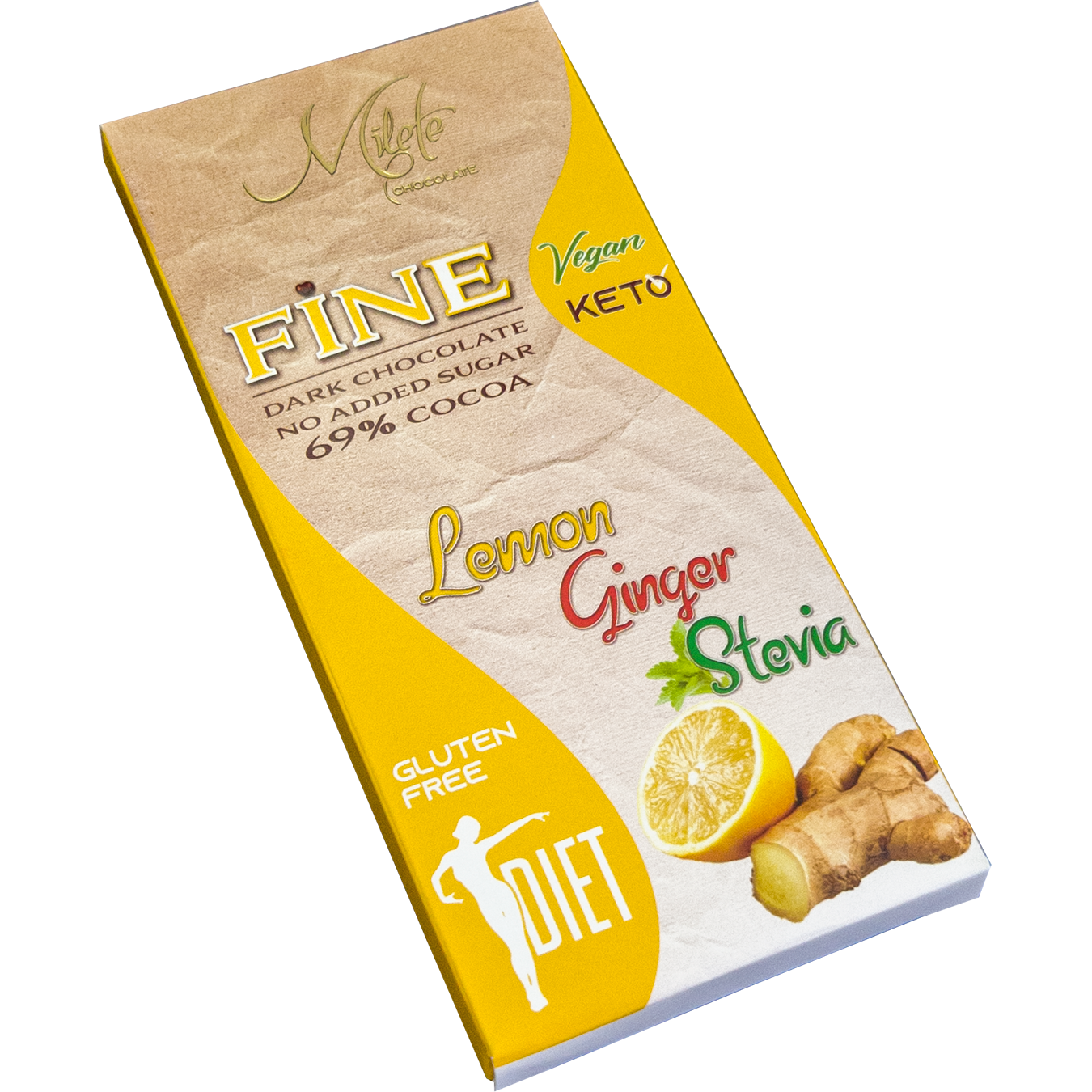 Ciocolata neagra dietetica cu Lamaie, Ginger si Stevie, 69% cacao, 80 g, Milete