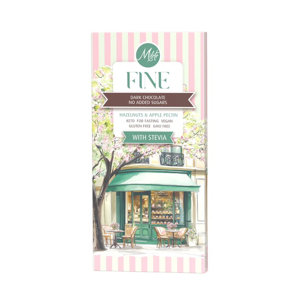 Ciocolata neagra dietetica cu mere, alune si stevie, 63% cacao, 80 g, Milete