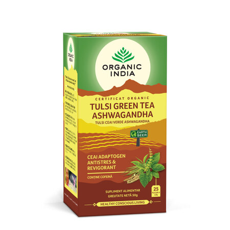 Ceai BIo Tulsi Ashwagandha si Ceai Verde, 25 plicuri, Organic India 809822