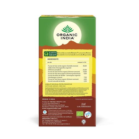 Ceai Bio Tulsi Green Tea si Ashwagandha, 25 plicuri, Organic India 543583