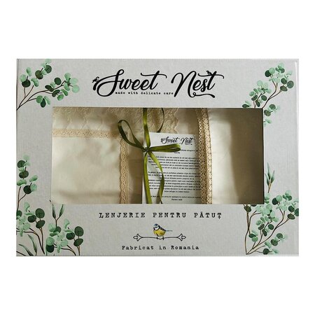 Set lenjerie pentru patut, 3 piese, Ivoire cu dantela premium