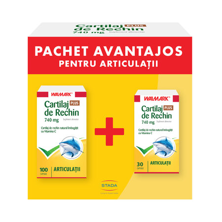 Pachet Cartilaj de rechin cu vitamina C, 740 mg, 100 + 30 capsule, Walmark