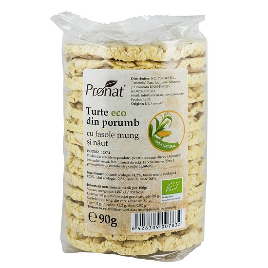 Turte Bio din porumb cu fasole mung si naut, 90 g, Pronat