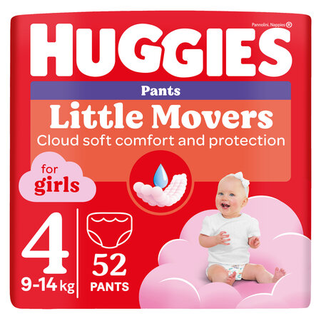 Scutece Little Movers Pants Girl, Nr. 4, 9-14 kg, 52 bucati, Huggies 801171