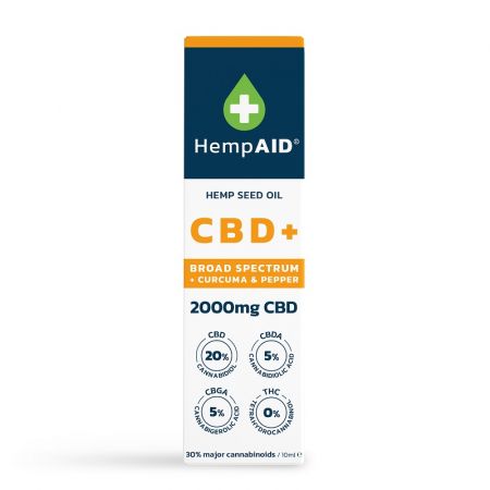 Ulei de canepa cu 2000 mg CBD, 500 mg CBDA, 500 mg CBGA, 200 mg Curcuma, 5 mg Piper Negru, 10 ml, HempAID