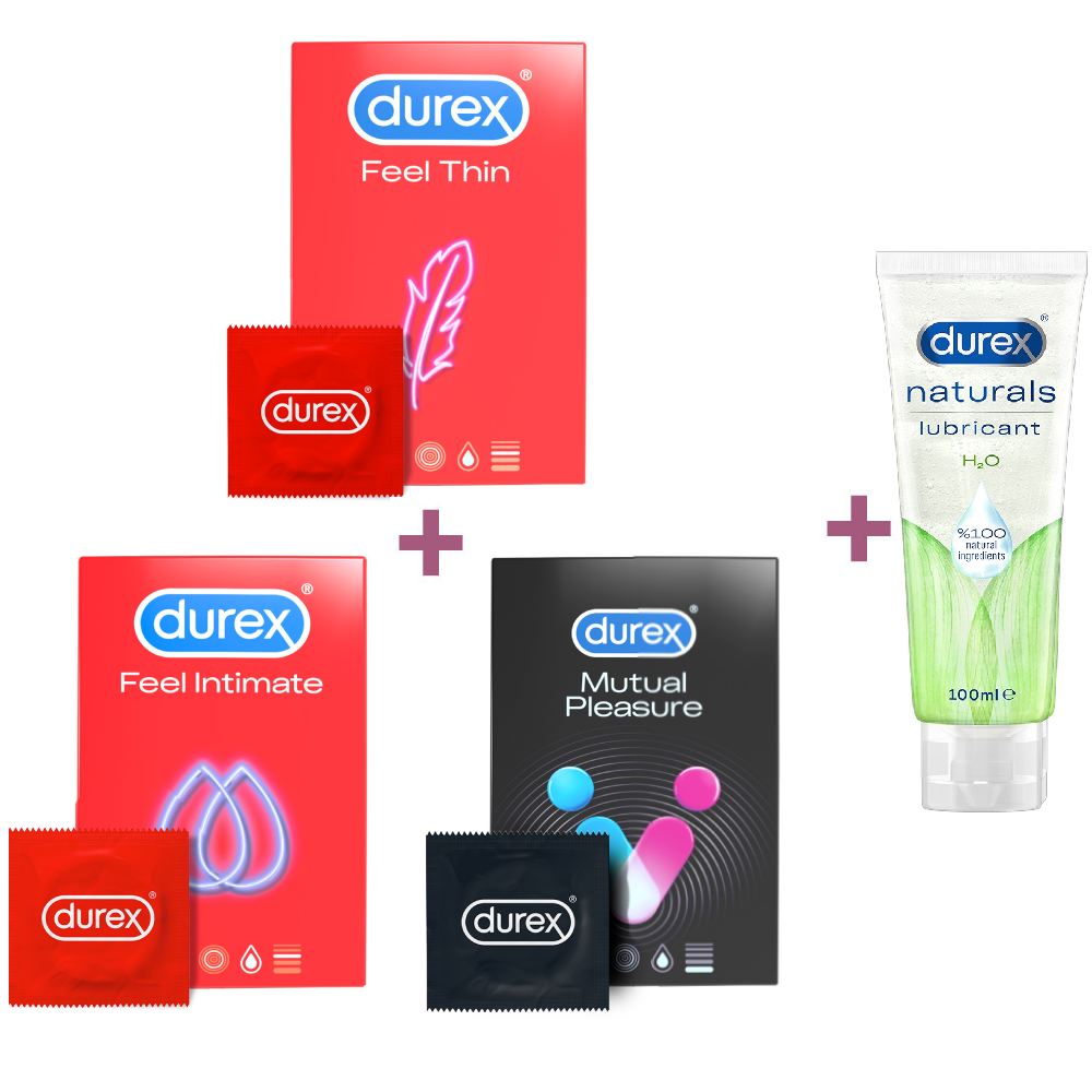 Pachet Prezervative Feel Intimate 18 bucati + Prezervative Feel Thin 18 bucati + Prezervative Mutual Pleasure 16 bucati + Durex Lubrifiant Naturals H2O 100 ml, Durex