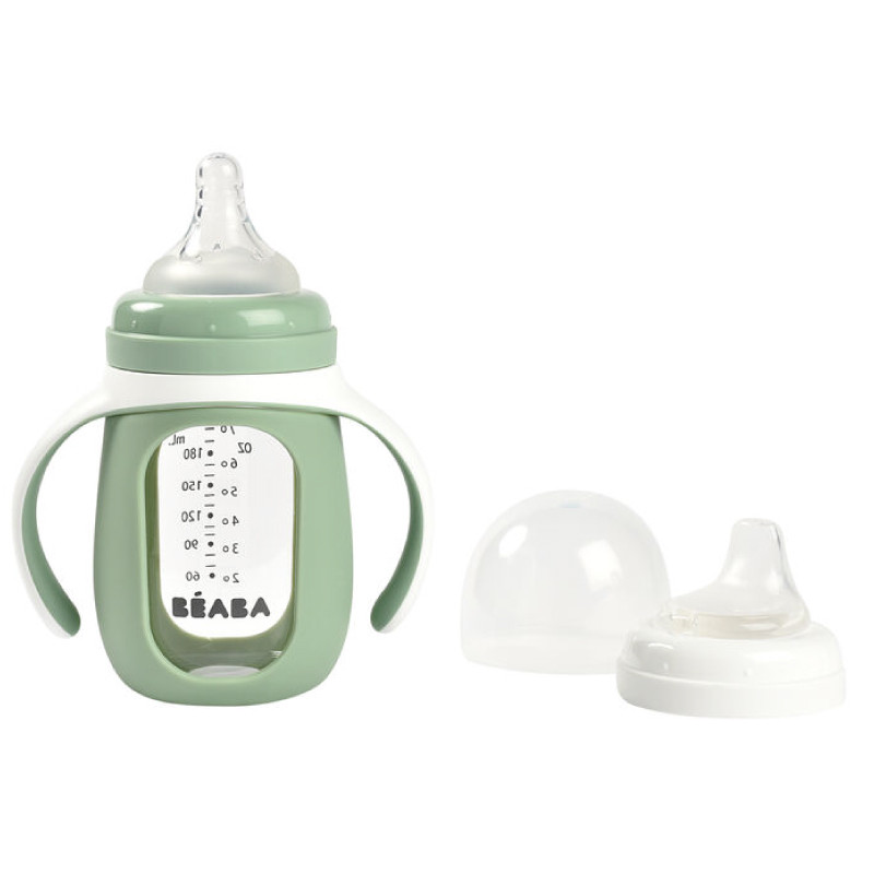 Biberon din sticla 2 in 1 pentru invatare, 210 ml, Sage Green, Beaba