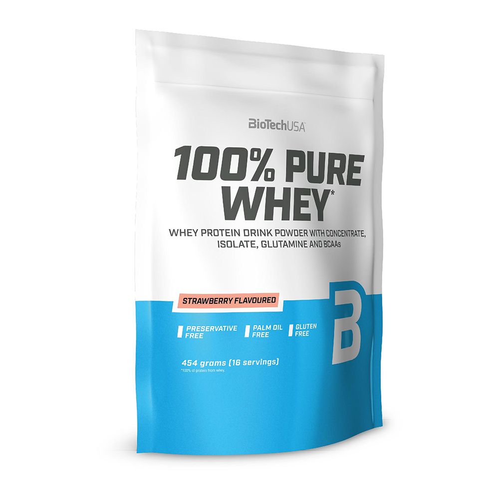 Pudra proteica 100% Pure Whey, 454g, Capsuni, BioTech