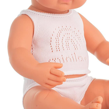 Papusa educativa Baiat caucazian cu par negru si ondulat, 38 cm, Miniland 732194