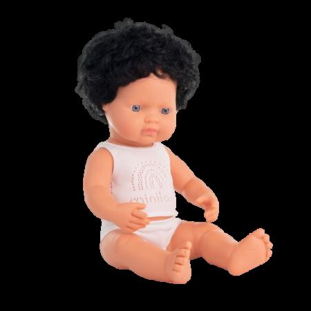 Papusa educativa Baiat caucazian cu par negru si ondulat, 38 cm, Miniland 732193