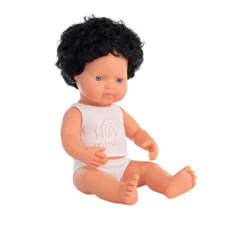 Papusa educativa Baiat caucazian cu par negru si ondulat, 38 cm, Miniland 732193