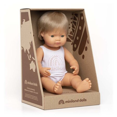 Papusa Baiat caucazian blond inchis, 38 cm, +10 luni, Miniland 548757