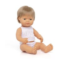 Papusa Baiat caucazian blond inchis, 38 cm, +10 luni, Miniland