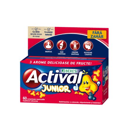 Actival Junior cu 3 arome delicioase de fructe, 60 comprimate masticabile, Beres