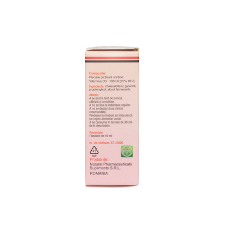 Picaturi cu Vitamina D3 Natural, 10 ml, Natural Pharmaceuticals 681165