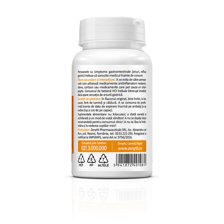 Betaine HCL & Pepsin, 580 MG, 60 capsule, Zenyth 761502