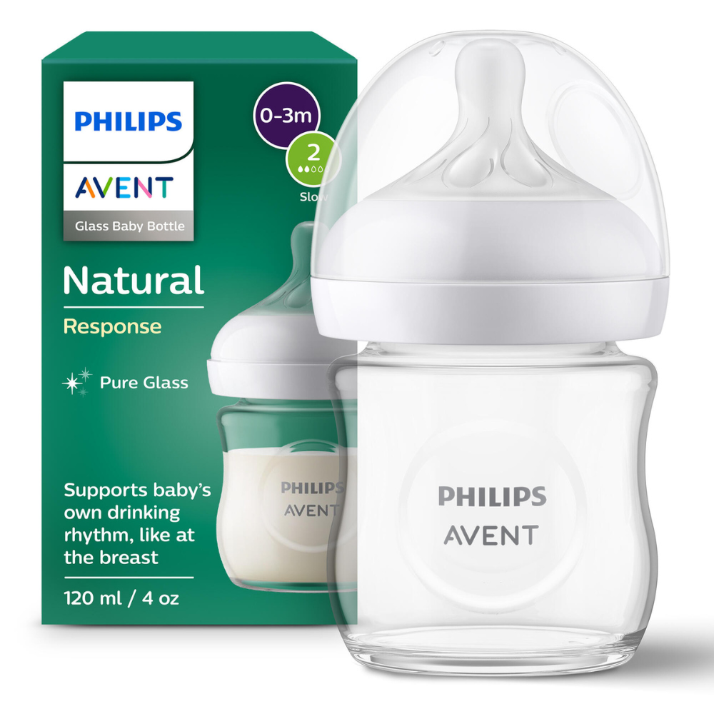 Biberon din sticla Philips Avent Natural Response, tetina cu debit lent, 0-3 luni, 120 ml, SCY930/01, Philips Avent