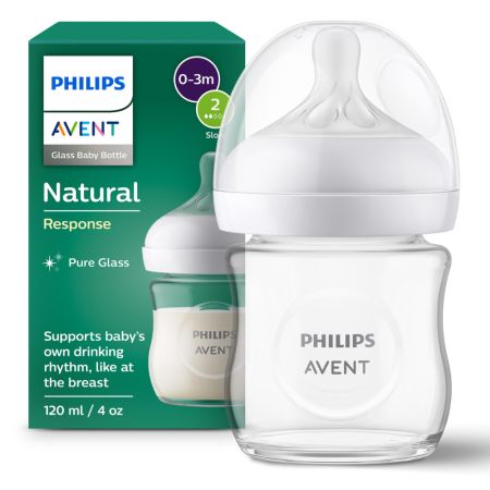 Biberon din sticla Philips Avent Natural Response, 0-3 luni, tetina cu debit lent, 120 ml, SCY930/01, Philips Avent