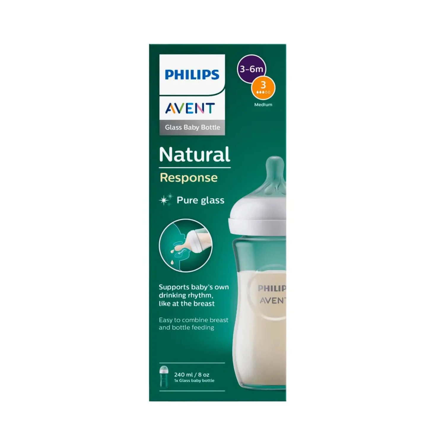Biberon din sticla Philips Avent Natural Response, tetina cu debit mediu, 1 luna+, SCY933/01, 240 ml, Philips