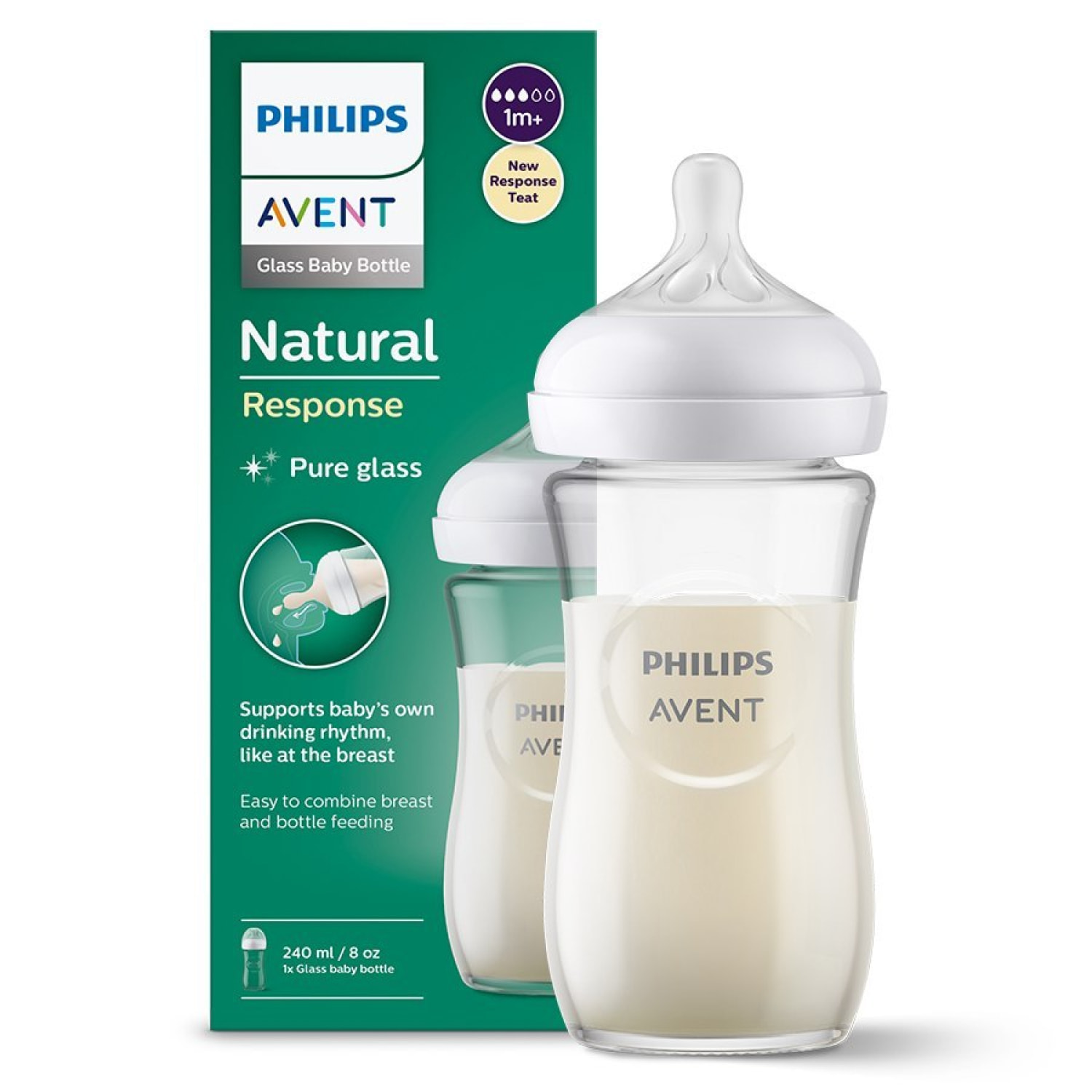 Biberon din sticla Philips Avent Natural Response, tetina cu debit mediu, 1 luna+, SCY933/01, 240 ml, Philips