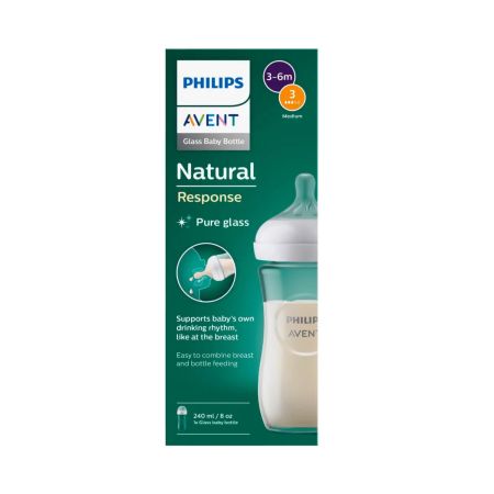 Biberon din sticla Philips Avent Natural Response, tetina cu debit mediu, 1 luna+, SCY933/01, 240 ml, Philips