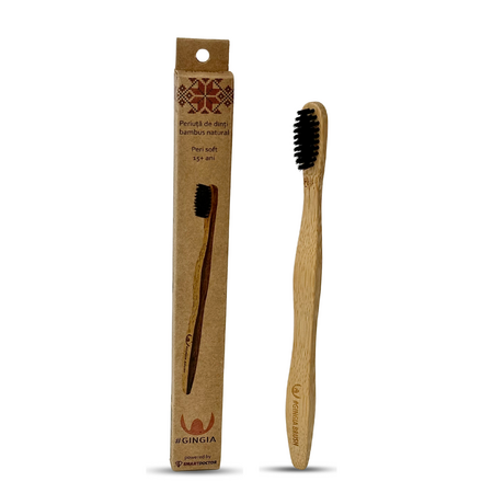 Periuta de dinti din bambus, Soft, 15 ani+, Negru, Gingia