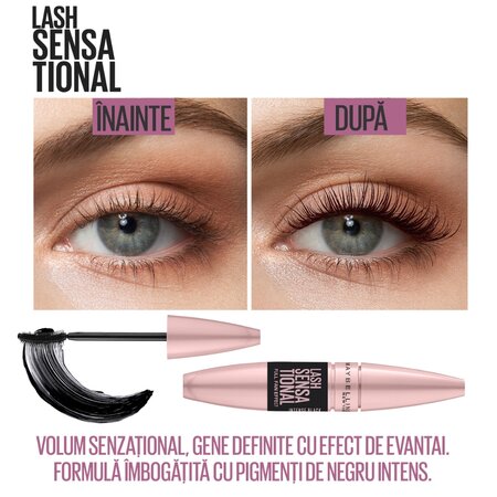 Mascara pentru volum si gene definite Lash Sensational, Intense Black, 9.5 ml, Maybelline 549959