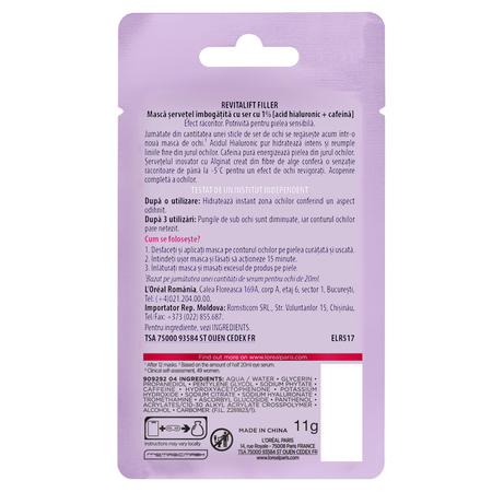 Masca servetel cu serum pentru ochi Revitalift Filler + Hyaluronic Acid, 11 g, Loreal Paris 551141