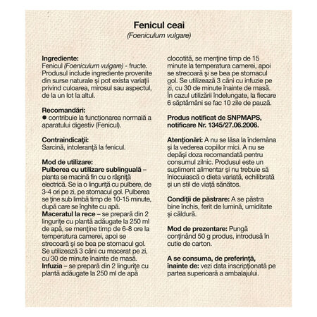Ceai de Fenicul, 50 g, Dacia Plant 808541
