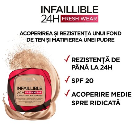 Pudra compacta Infaillible 24H Fresh Wear, 140 Golden Beige, 9 g, Loreal Paris 551640